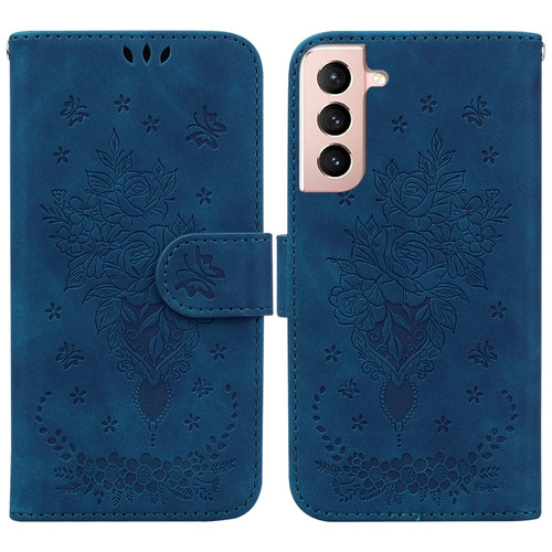 Samsung Galaxy S22 5G Butterfly Rose Embossed Leather Phone Case - Blue