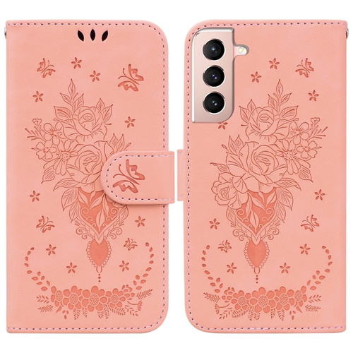 Samsung Galaxy S22 5G Butterfly Rose Embossed Leather Phone Case - Pink