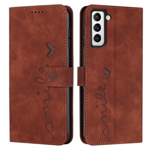 Samsung Galaxy S22 Skin Feel Heart Pattern Leather Phone Case - Brown