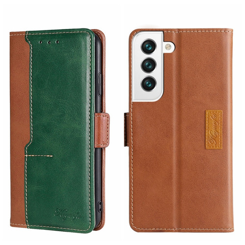 Samsung Galaxy S22 Contrast Color Side Buckle Leather Phone Case - Light Brown + Green