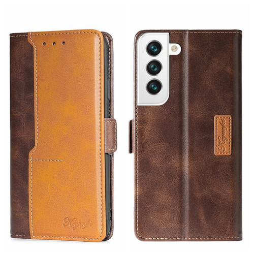 Samsung Galaxy S22 Contrast Color Side Buckle Leather Phone Case - Dark Brown + Gold