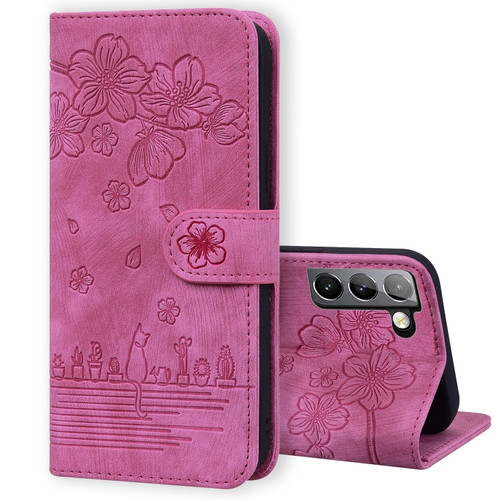 Samsung Galaxy S22 5G Cartoon Sakura Cat Embossed Leather Phone Case - Rose Red