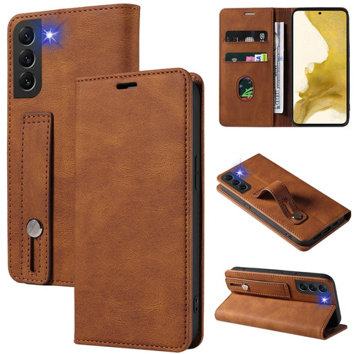 Samsung Galaxy S22 5G Wristband Magnetic Leather Phone Case - Brown