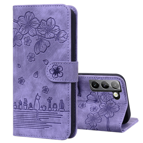 Samsung Galaxy S22 5G Cartoon Sakura Cat Embossed Leather Phone Case - Purple