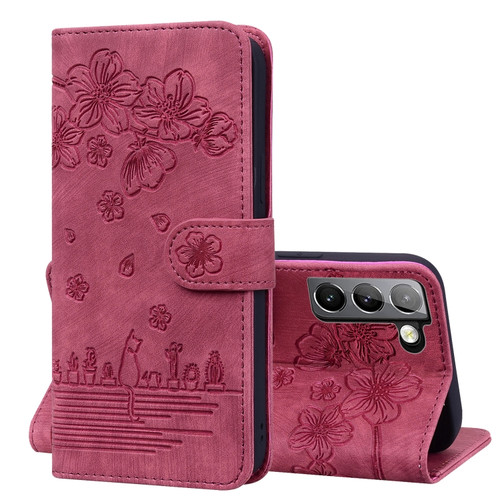 Samsung Galaxy S22 5G Cartoon Sakura Cat Embossed Leather Phone Case - Wine Red