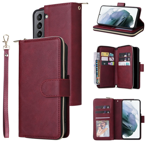 Samsung Galaxy S22 5G 9 Card Slots Zipper Wallet Bag Leather Phone Case - Wine Red