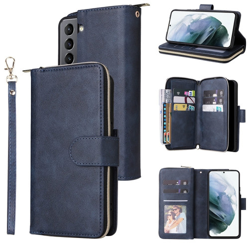 Samsung Galaxy S22 5G 9 Card Slots Zipper Wallet Bag Leather Phone Case - Blue