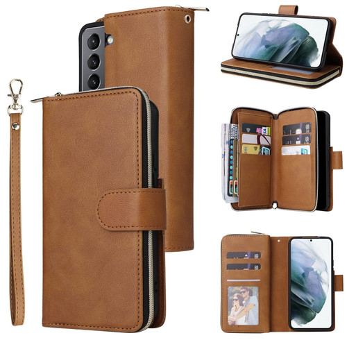 Samsung Galaxy S22 5G 9 Card Slots Zipper Wallet Bag Leather Phone Case - Brown