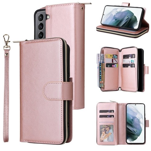 Samsung Galaxy S22 5G 9 Card Slots Zipper Wallet Bag Leather Phone Case - Rose Gold