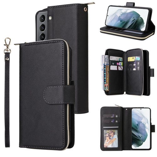 Samsung Galaxy S22 5G 9 Card Slots Zipper Wallet Bag Leather Phone Case - Black