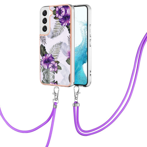 Samsung Galaxy S22 5G Electroplating IMD TPU Phone Case with Lanyard - Purple Flower