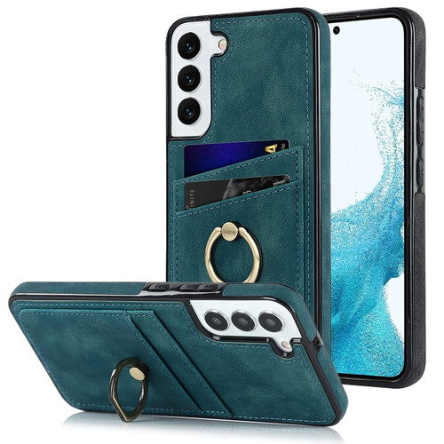 Samsung Galaxy S22 5G Vintage Patch Leather Phone Case with Ring Holder - Blue