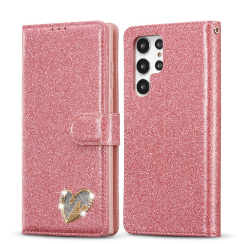 Samsung Galaxy S22 5G Glitter Powder Love Leather Phone Case - Rose Red