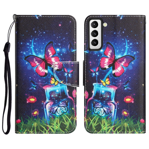 Samsung Galaxy S22 5G Colored Drawing Leather Phone Case - Bottle Butterfly