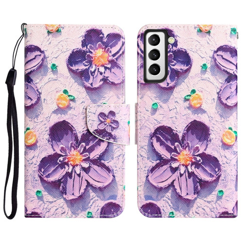 Samsung Galaxy S22 5G Colored Drawing Leather Phone Case - Purple Flower
