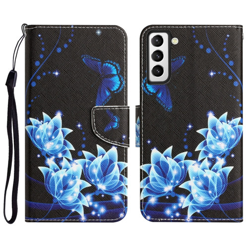Samsung Galaxy S22 5G Colored Drawing Leather Phone Case - Blue Butterfly