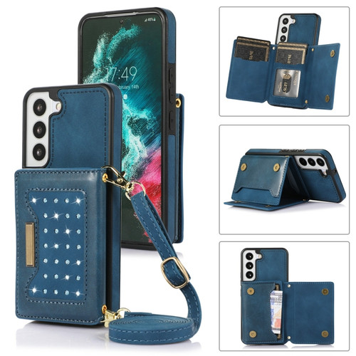 Samsung Galaxy S22 Three-fold RFID Leather Phone Case with Lanyard - Blue