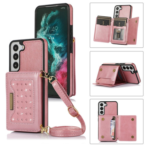 Samsung Galaxy S22 Three-fold RFID Leather Phone Case with Lanyard - Rose Gold