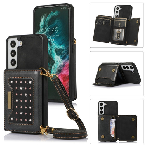 Samsung Galaxy S22 Three-fold RFID Leather Phone Case with Lanyard - Black