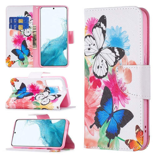 Samsung Galaxy S22 5G Colored Drawing Pattern Horizontal Flip Phone Leather Case with Holder & Card Slots & Wallet - Butterflies