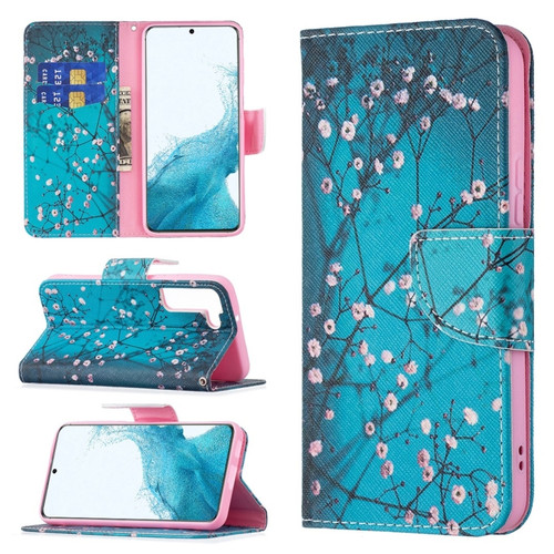 Samsung Galaxy S22 5G Colored Drawing Pattern Horizontal Flip Phone Leather Case with Holder & Card Slots & Wallet - Plum Blossom