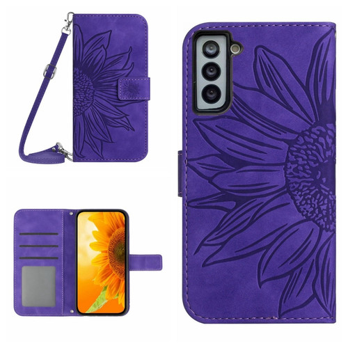 Samsung Galaxy S22 5G Skin Feel Sun Flower Pattern Flip Leather Phone Case with Lanyard - Dark Purple