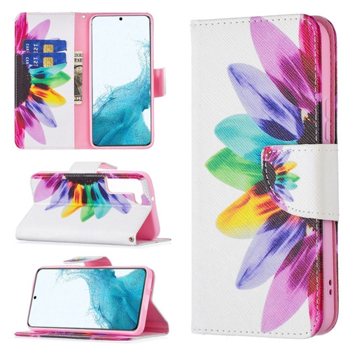 Samsung Galaxy S22 5G Colored Drawing Pattern Horizontal Flip Phone Leather Case with Holder & Card Slots & Wallet - Sun Flower