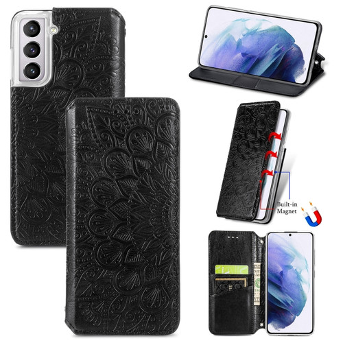 Samsung Galaxy S22 5G Blooming Mandala Embossed Magnetic Horizontal Flip Leather Case with Holder & Card Slots & Wallet - Black