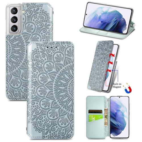 Samsung Galaxy S22 5G Blooming Mandala Embossed Magnetic Horizontal Flip Leather Case with Holder & Card Slots & Wallet - Silver