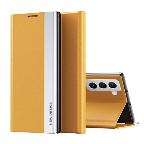 Samsung Galaxy S22 5G Side Electroplated Magnetic Ultra-Thin Horizontal Flip Leather Case with Holder - Yellow