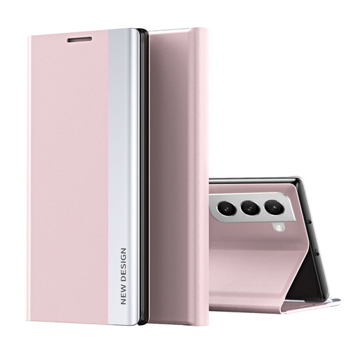 Samsung Galaxy S22 5G Side Electroplated Magnetic Ultra-Thin Horizontal Flip Leather Case with Holder - Pink