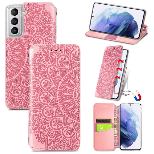Samsung Galaxy S22 5G Blooming Mandala Embossed Magnetic Horizontal Flip Leather Case with Holder & Card Slots & Wallet - Pink
