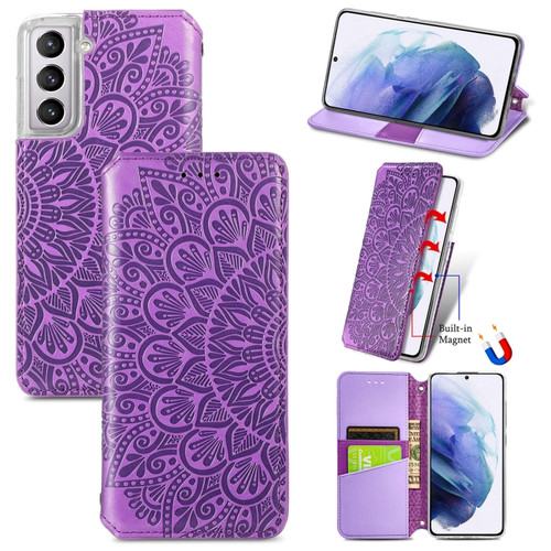 Samsung Galaxy S22 5G Blooming Mandala Embossed Magnetic Horizontal Flip Leather Case with Holder & Card Slots & Wallet - Purple