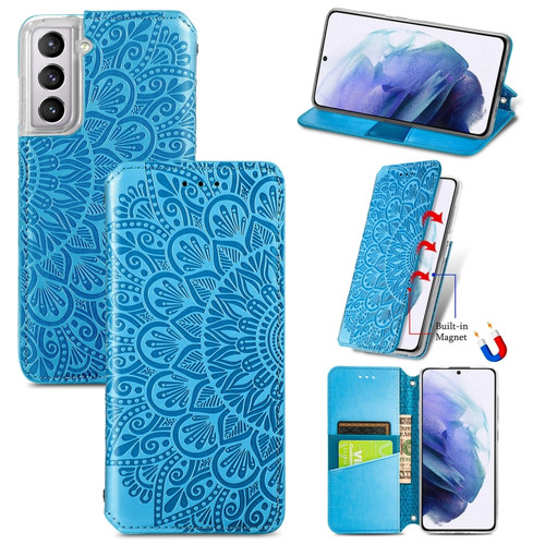 Samsung Galaxy S22 5G Blooming Mandala Embossed Magnetic Horizontal Flip Leather Case with Holder & Card Slots & Wallet - Blue
