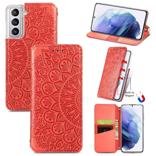 Samsung Galaxy S22 5G Blooming Mandala Embossed Magnetic Horizontal Flip Leather Case with Holder & Card Slots & Wallet - Red