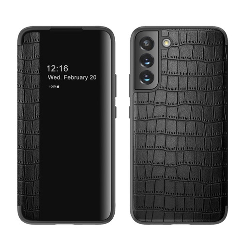 Samsung Galaxy S22 5G Crocodile Texture Window View Leather Phone Case - Black