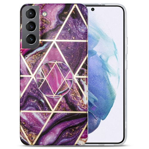 Samsung Galaxy S22 5G IMD Marble TPU Phone Case with Folding Holder - Purple