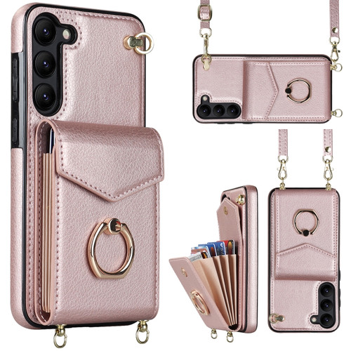 Samsung Galaxy S22 5G Ring Holder RFID Card Slot Phone Case with Long Lanyard - Rose Gold