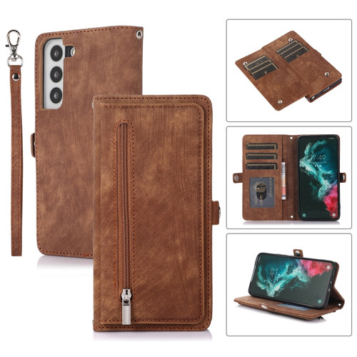 Samsung Galaxy S22 5G Zipper Card Slot Buckle Wallet Leather Phone Case - Brown