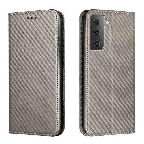 Samsung Galaxy S22 5G Carbon Fiber Texture Flip Holder Leather Phone Case - Grey