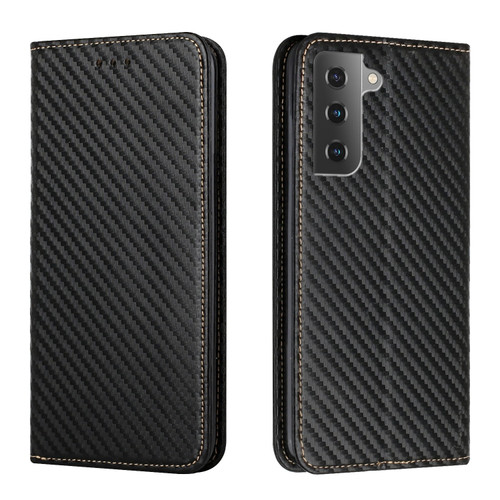 Samsung Galaxy S22 5G Carbon Fiber Texture Flip Holder Leather Phone Case - Black