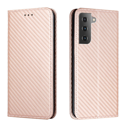 Samsung Galaxy S22 5G Carbon Fiber Texture Flip Holder Leather Phone Case - Rose Gold