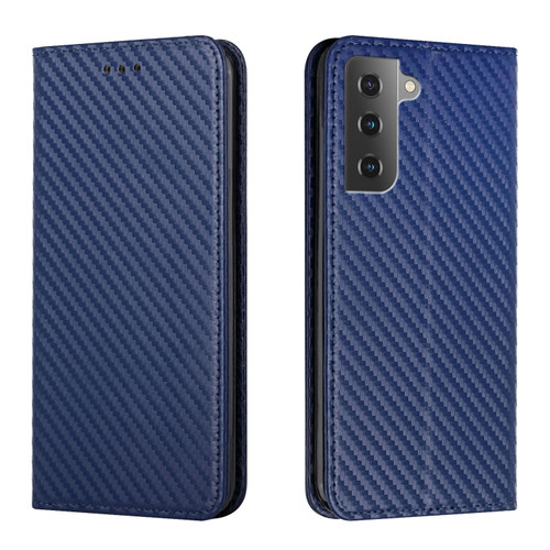 Samsung Galaxy S22 5G Carbon Fiber Texture Flip Holder Leather Phone Case - Blue