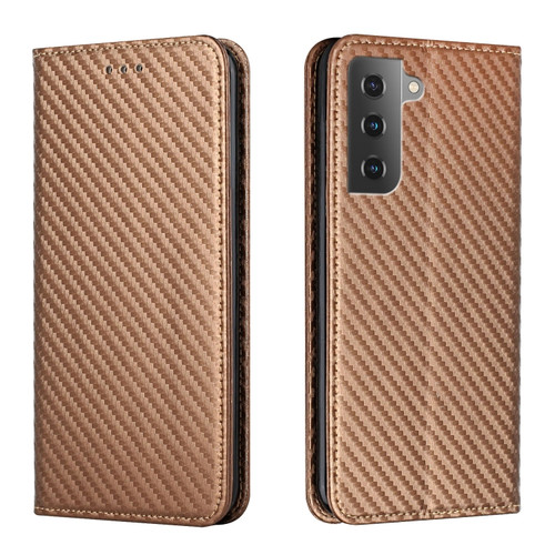 Samsung Galaxy S22 5G Carbon Fiber Texture Flip Holder Leather Phone Case - Brown