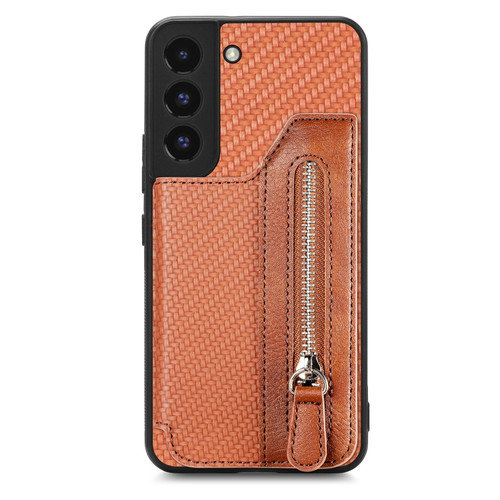 Samsung Galaxy S22 5G Carbon Fiber Horizontal Flip Zipper Wallet Phone Case - Brown