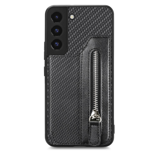 Samsung Galaxy S22 5G Carbon Fiber Horizontal Flip Zipper Wallet Phone Case - Black
