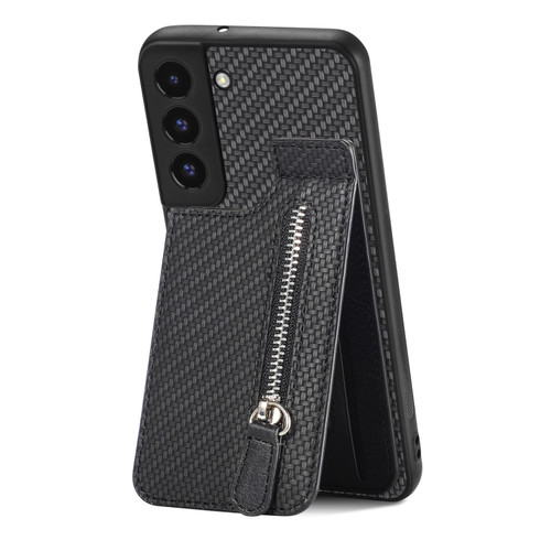 Samsung Galaxy S22 5G Carbon Fiber Vertical Flip Zipper Wallet Phone Case - Black