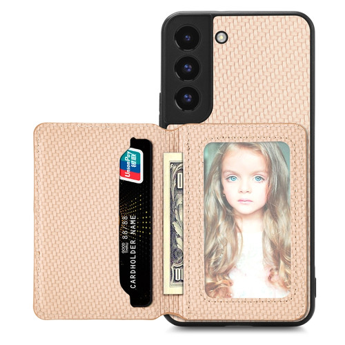 Samsung Galaxy S22 5G Carbon Fiber Magnetic Card Wallet Bag Phone Case - Khaki