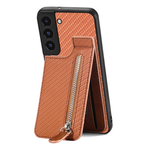 Samsung Galaxy S22 5G Carbon Fiber Vertical Flip Zipper Wallet Phone Case - Brown