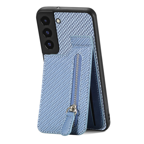 Samsung Galaxy S22 5G Carbon Fiber Vertical Flip Zipper Wallet Phone Case - Blue